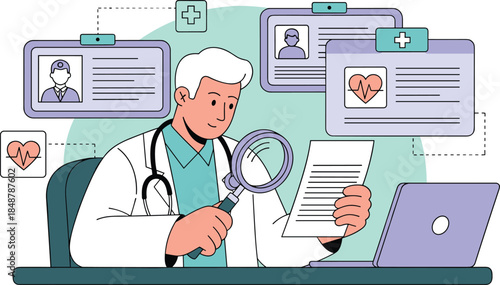 A doctor examines a patient's file with a magnifying glass.