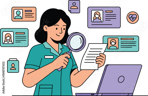 A nurse in teal scrubs examines an ID card with a magnifying glass, surrounded by various digital credentials and a laptop.