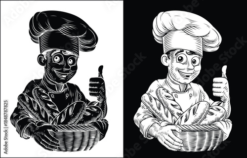 Vintage style woodcut illustration of smiling baker or chef holding a large basket of baguette French bread loves. Perfect for bakeries, artisanal bread brands, cafe menus, or food packaging.