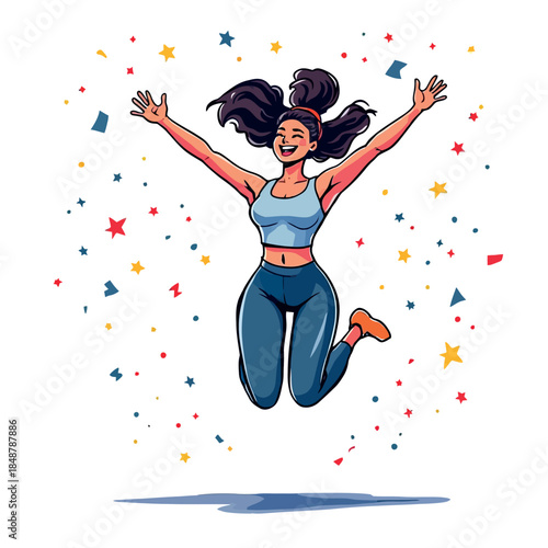 Vsai happy woman jumping celebrating success with confetti