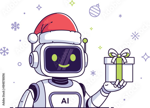 A smiling robot in a Santa hat holds a gift box with a green ribbon.