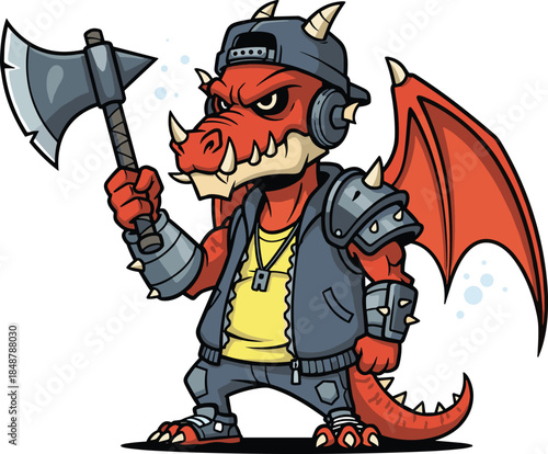 Cartoon dragon character holding an axe and wearing headphones and armor.