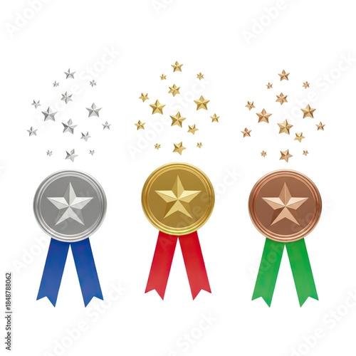 Award medals with stars and ribbons on black background