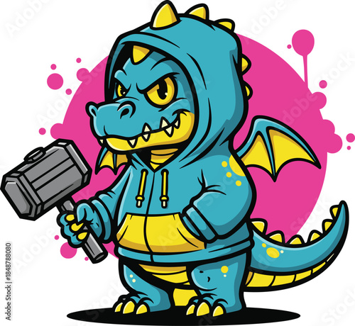 A blue and yellow cartoon dragon holding a hammer