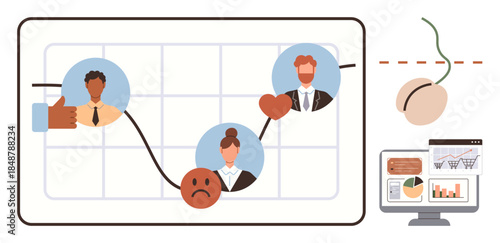 Customer journey graph mapping emotions with team avatars, unhappy face, and thumbs up symbols. Data analytics, online shopping charts, and computer mouse. Ideal for marketing, analysis, teamwork