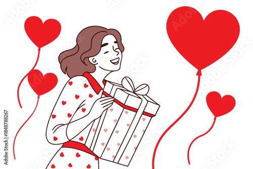 Smiling woman holding a wrapped gift surrounded by pink heart balloons, symbolizing love, joy, and celebration. Ideal for Valentine’s Day, anniversaries, birthdays, and family moments.