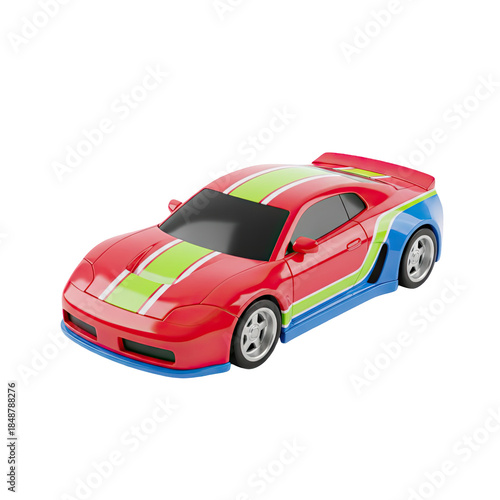 Vibrant red sports car with green and blue stripes racing fast