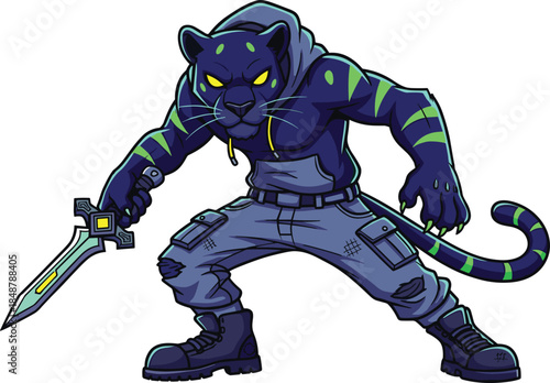 Illustration of a cat humanoid hybrid holding a sword, dressed in casual clothes and boots.