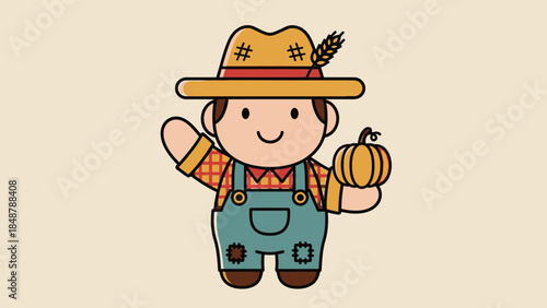 Happy Male Farmer Character Waving and Holding a Pumpkin on Light Beige Background