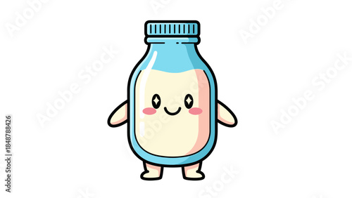 Adorable Cartoon Milk Bottle Character with a Happy Face on an Isolated White Background