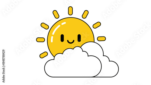 Cute Cartoon Smiling Sun Peeking from Behind a Cloud on a Bright Blue Sky Background