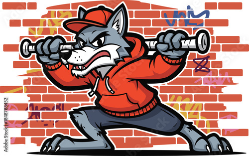 A cartoon wolf lifting weights in front of a brick wall.