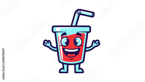 Happy Red Drink Cup Character with Straw Waving Hand on Isolated White Background
