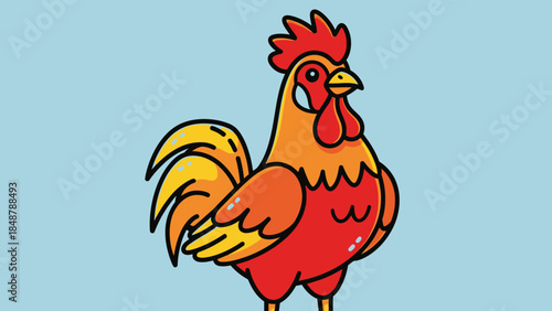 Happy Cartoon Rooster Standing with Vibrant Feathers on a Light Blue Background