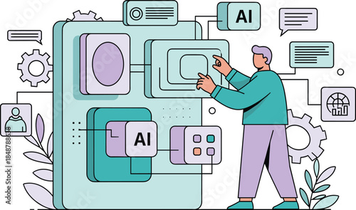 Illustration of a man interacting with an AI system, surrounded by various icons and symbols.