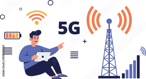 A man uses a laptop next to a 5G tower.