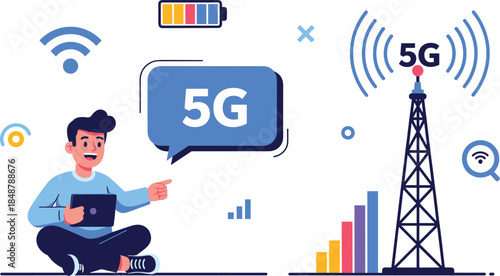 Man sits with laptop and points to 5G speech bubble near tower