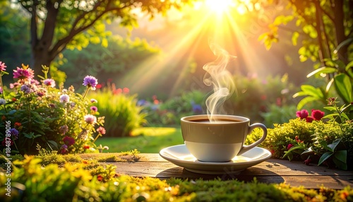 Steaming cup outdoors on a mossy surface, with sunlit garden backdrop and warm, inviting atmosphere