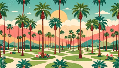 Cartoon depiction of tall palm trees scattered in a park setting under a pale yellow sun