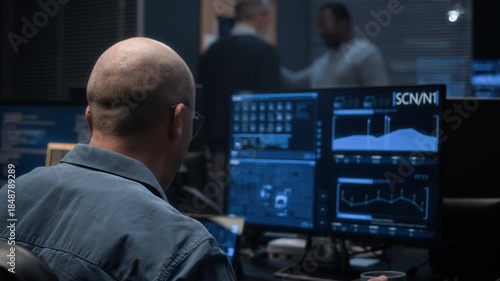 Bald man drinking coffee and rubbing his eyes as working late at computer in dark cybersecurity office, analyzing data and monitoring network security, with two colleagues interacting in background