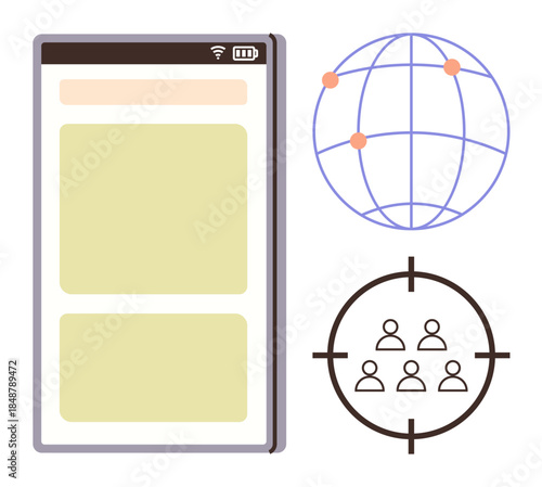 Smartphone interface with two cards, global network with connection points, target focus on people icon. Ideal for technology, marketing, networking, globalization, communication, online business