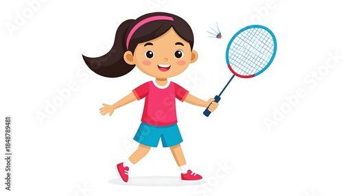 Cartoon girl playing badminton with a racket, smiling brightly in a pink top and blue shorts against a white background