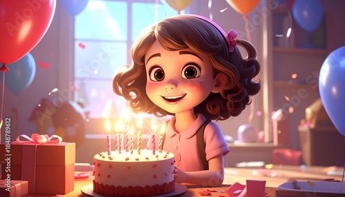 Cartoon girl smiles at lit birthday cake with balloons, gifts, and confetti scattered around the bright room