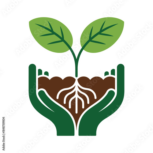 Human hands gently hold a growing green seedling with visible roots in rich brown soil representing growth and care for nature and the environment