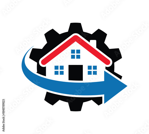 Modern abstract house icon with a rotating gear and encircling arrow symbolizing smart home technology and repair services