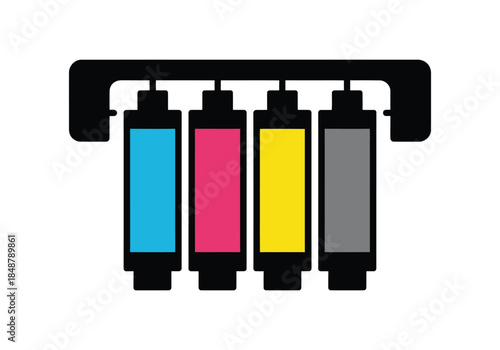 Vibrant CMYK printer ink cartridges depicting a digital color process essential for professional graphic design and highquality photo printing icon