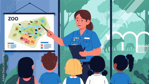 Zoo educational presentation A zookeeper guides children through a map of animal enclosures and exhibits during a learning session