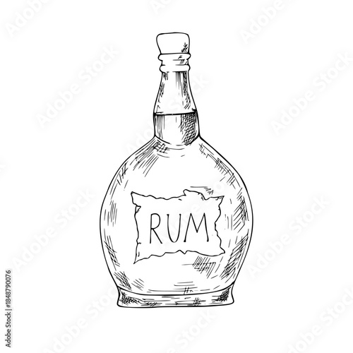 Vector Bottle of rum. Hand painted linear alcohol drink illustration. Graphic monochrome sketch isolated on background. For designers, prints, logo, icon, menu, postcards, holiday, covers