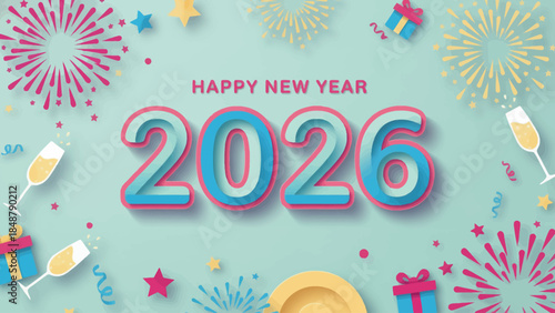 Happy New Year 2026 Celebration with Festive Decorations and Fireworks.