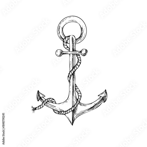 Vector anchor with rope in marine style. Hand painted linear nautical illustration. Graphic monochrome sketch isolated on background. For designers, prints, logo, icon, menu, postcards, holiday