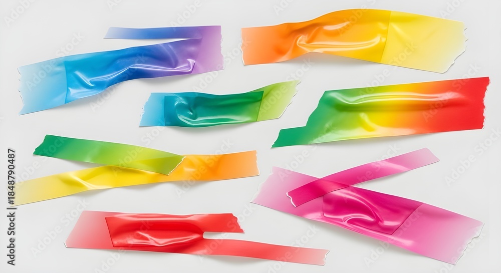 Obraz premium Bright sticky tape pieces in gradient colors, isolated cut shapes.