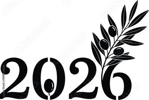 Elegant black and white graphic design featuring the year 2026 stylized with a decorative olive branch symbolizing peace and prosperity for the new year