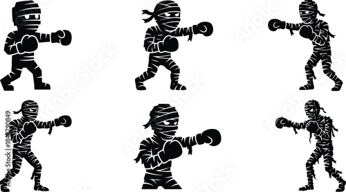 Boxing mummy silhouette set, spooky halloween monster fighter character vector illustration design