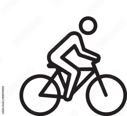 Simple cycling icon, line art illustration of person riding bicycle, isolated vector on white background