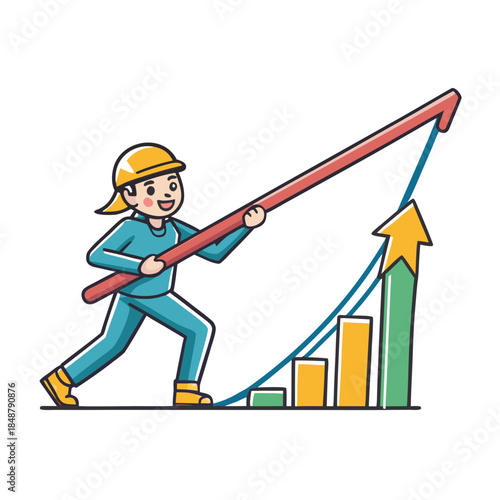 Woman in construction hat measures growth in business with a chart and a graph in an office setting during daytime