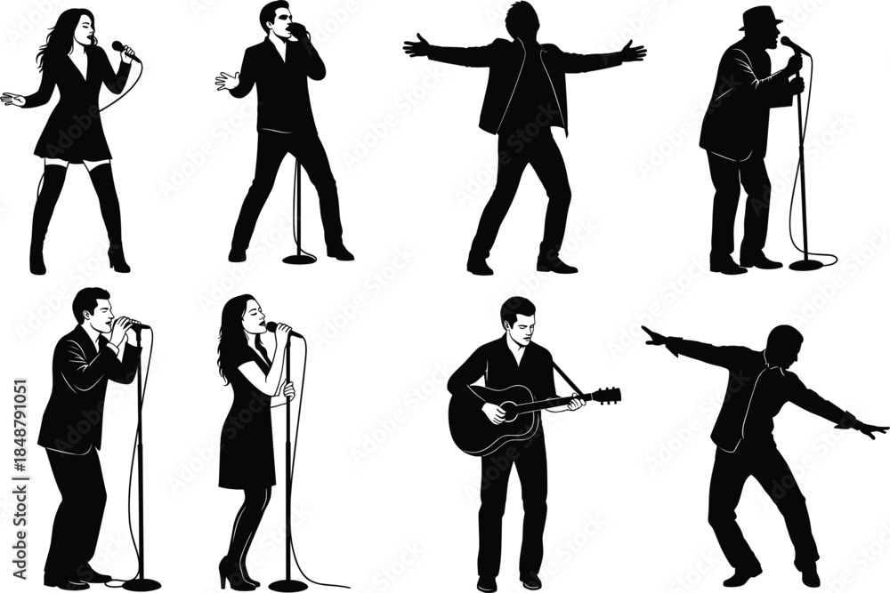 Obraz premium “Stage Performer Silhouettes – Diverse Singing and Music Poses”