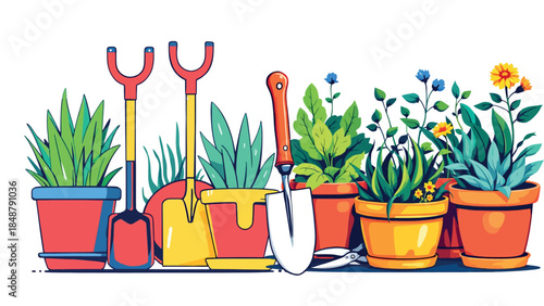 Vsai gardening tools and potted plants growing together