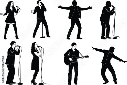“Stage Performer Silhouettes – Diverse Singing and Music Poses”