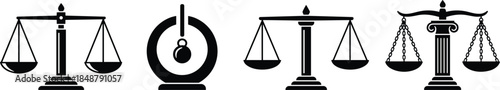 Balance scale silhouettes, justice icons, legal symbols, equality concept, law imagery, black vector scales, fairness metaphor, courtroom design elements