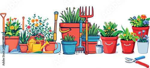 Vsai gardening tools and various potted plants border