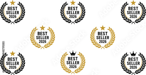Best Seller 2026 Badge, Gold Laurel Wreath, Crown Icon, Star Emblem, Award Label, Bestseller Seal, Marketing Graphic, Product Promotion