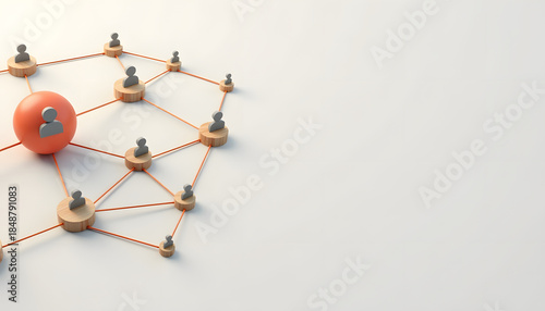 Abstract network of people icons connected by lines, with one prominent orange sphere