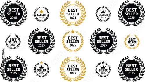 Best Seller Badge 2025, Seller Emblem Design, Laurel Wreath Icon, Gold Blue Black Award, Marketing Label, Top Product Seal