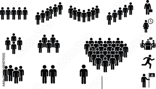 Group icons, people silhouettes, teamwork symbols, social interaction, population concept, business meeting, leadership, organization, movement, demographic data, crowd shapes