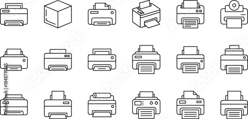 Printer icon set, blue outline printers, multifunction printer symbols, desktop printer illustrations, UI printer graphics, vector printer designs