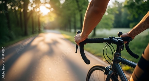 Man on bicycle riding down scenic road during sunset. Healthy active lifestyle concept. Summer cycling and outdoor sport.
